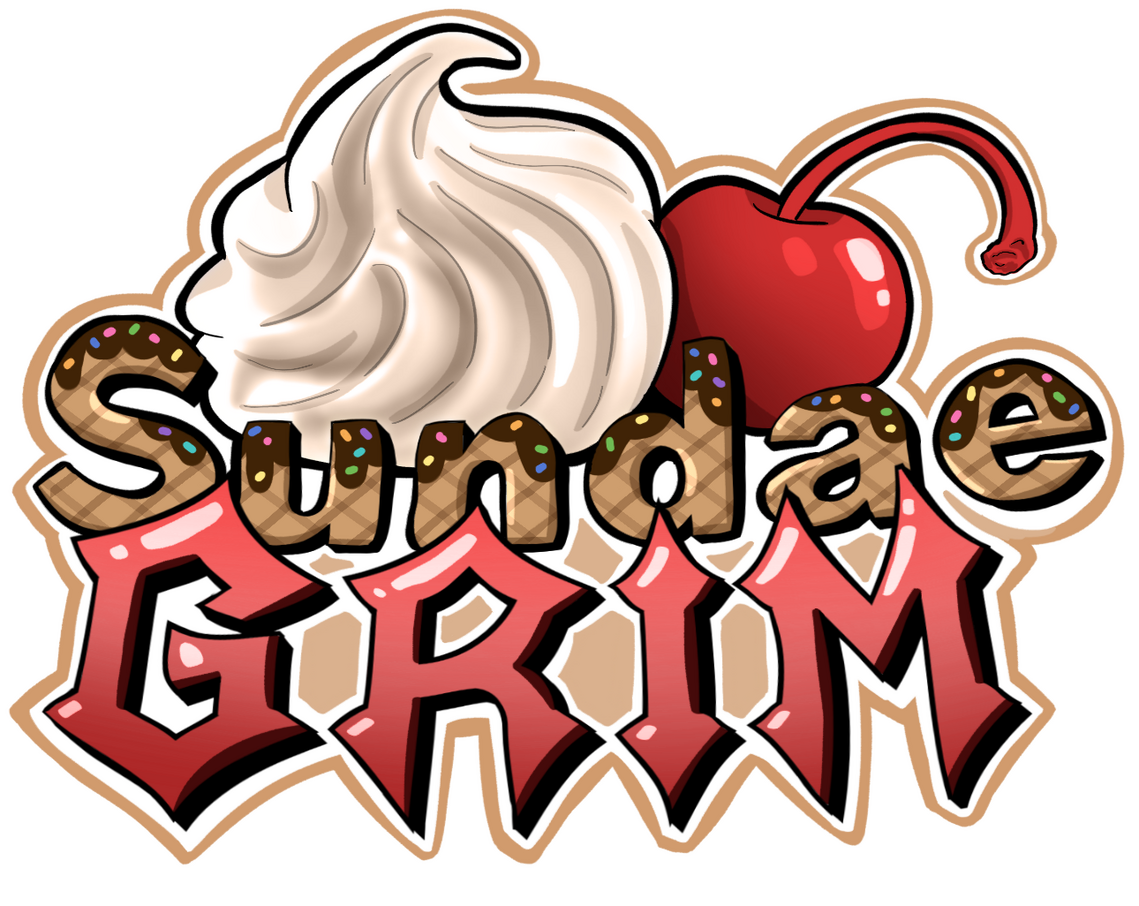A VTuber logo that says "Sundae Grim." The "Sundae" text looks like a waffle cone dipped in chocolate. The "Grim" text is red and gothic. The logo is topped with whipped cream and a cherry.